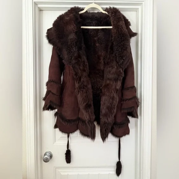 RARE Vintage Suede Shearling HEAVY COAT super warm made in USA Fit & Flare sz L - Picture 13 of 17